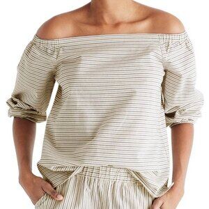 Madewell top Womens XXS cream blue Jardin Indigo striped off shoulder Coastal